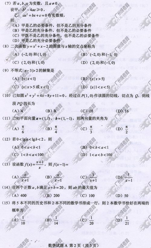 陕西省成人高考2014年统一考试数学真题A卷