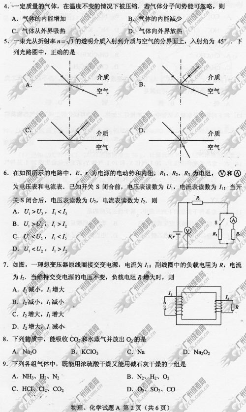 陕西省成人高考2014年统一考试理科综合真题A卷