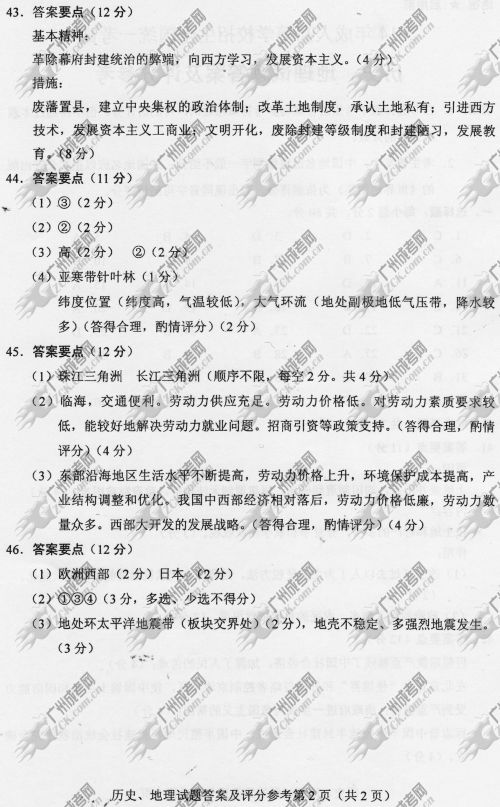 陕西省成人高考2014年统一考试文科综合真题B卷参考答案