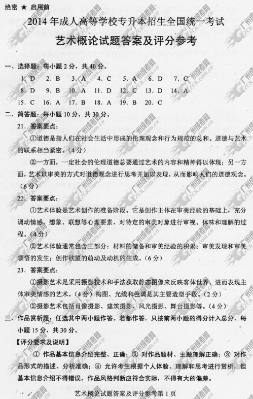 陕西省成人高考2014年统一考试专升本艺术概论真题B卷参考答案