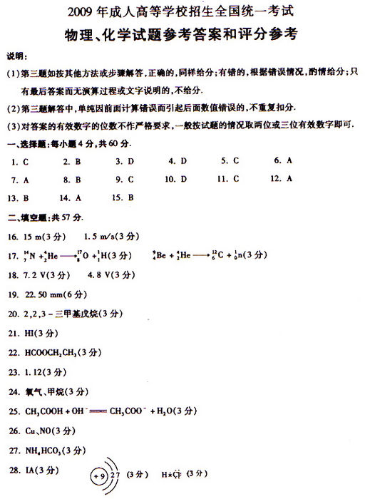 2009年成人高考物理化学试题及答案下(高起点)(图2) 2009年成人高考物理化学试题及答案下(高起点)(图2)